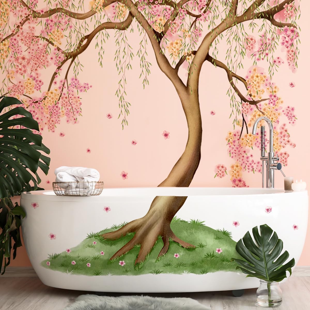 Large Pink and Yellow Cherry Blossom Tree Wall Decals Green Leaves Wall Stickers, Large Floral Wall Stickers for Living Room Tv Background Bedroom Wall Decor, 52.36 x 41.99 inches