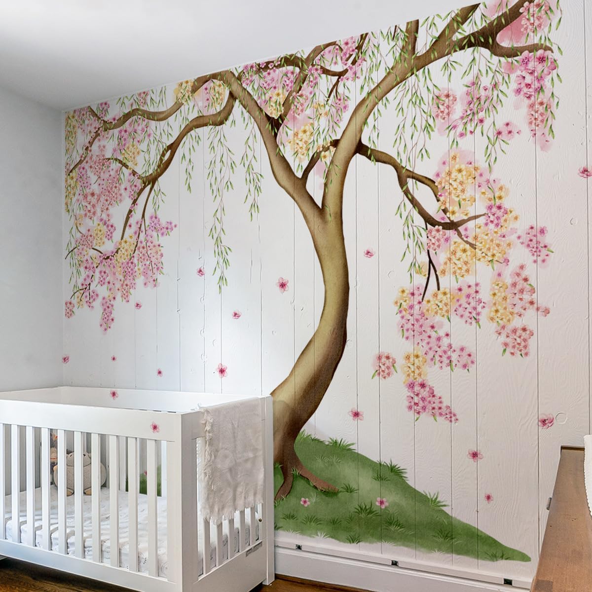 Large Pink and Yellow Cherry Blossom Tree Wall Decals Green Leaves Wall Stickers, Large Floral Wall Stickers for Living Room Tv Background Bedroom Wall Decor, 52.36 x 41.99 inches