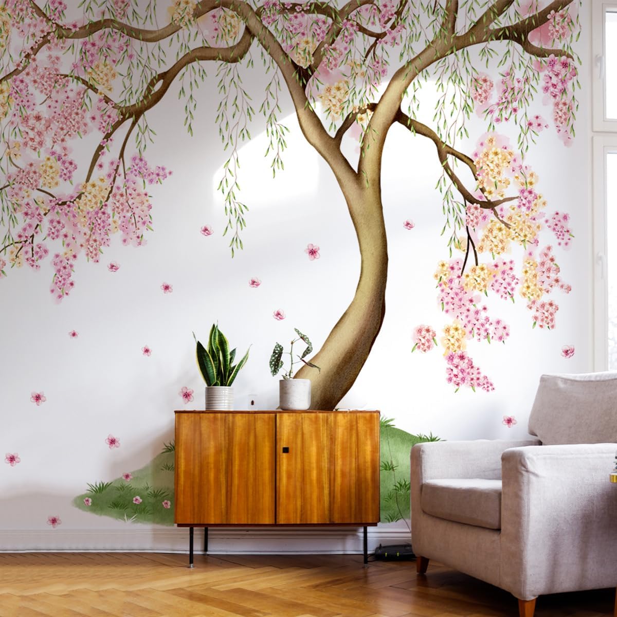 Large Pink and Yellow Cherry Blossom Tree Wall Decals Green Leaves Wall Stickers, Large Floral Wall Stickers for Living Room Tv Background Bedroom Wall Decor, 52.36 x 41.99 inches