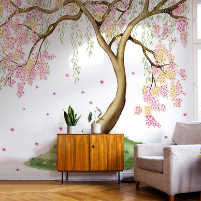 Large Pink and Yellow Cherry Blossom Tree Wall Decals Green Leaves Wall Stickers, Large Floral Wall Stickers for Living Room Tv Background Bedroom Wall Decor, 52.36 x 41.99 inches
