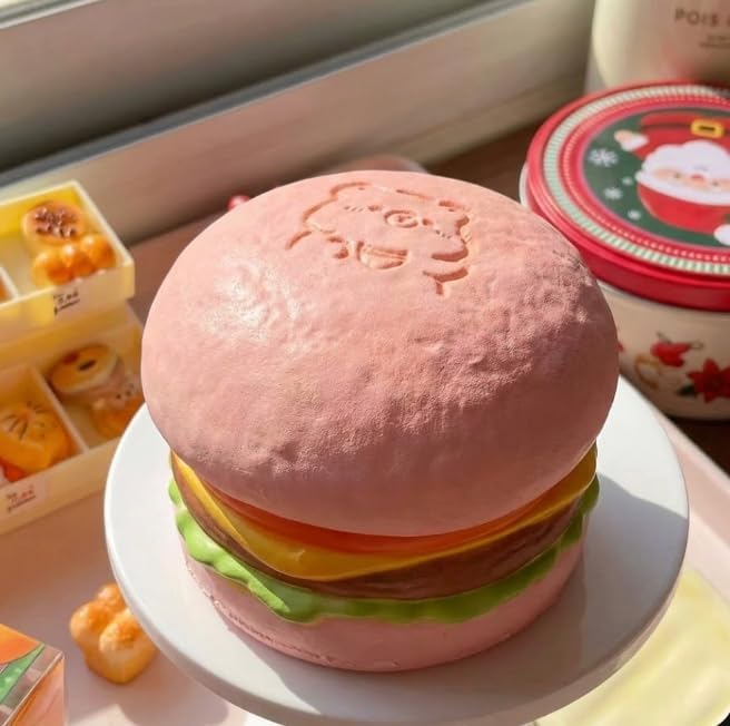 Slow Rising Food Squishies with Creamy Butter Scent, Realistic Large Hamburger Stress Relief Fidget Toys for Adults, Soft Sensory Squeeze Bun for Office Desk Party Favors (Pink Hamburg)