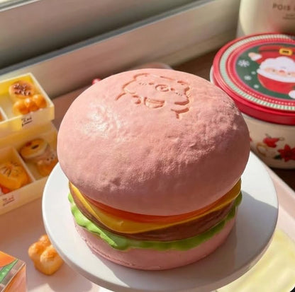 Slow Rising Food Squishies with Creamy Butter Scent, Realistic Large Hamburger Stress Relief Fidget Toys for Adults, Soft Sensory Squeeze Bun for Office Desk Party Favors (Pink Hamburg)