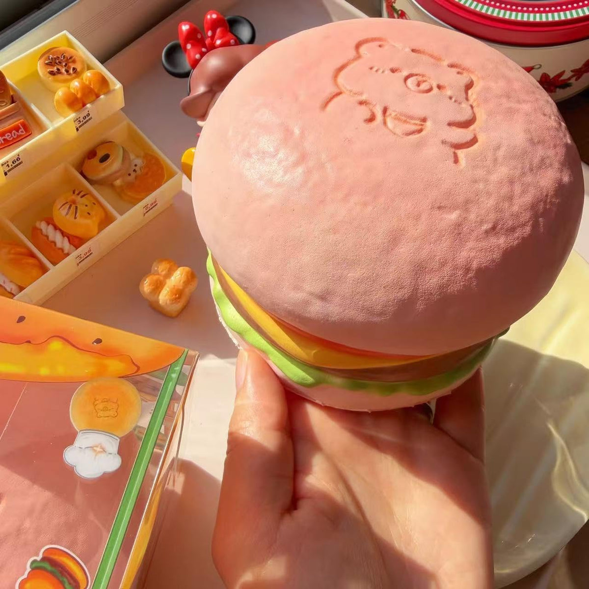 Slow Rising Food Squishies with Creamy Butter Scent, Realistic Large Hamburger Stress Relief Fidget Toys for Adults, Soft Sensory Squeeze Bun for Office Desk Party Favors (Pink Hamburg)