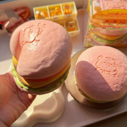 Slow Rising Food Squishies with Creamy Butter Scent, Realistic Large Hamburger Stress Relief Fidget Toys for Adults, Soft Sensory Squeeze Bun for Office Desk Party Favors (Pink Hamburg)