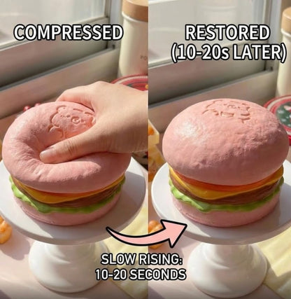 Slow Rising Food Squishies with Creamy Butter Scent, Realistic Large Hamburger Stress Relief Fidget Toys for Adults, Soft Sensory Squeeze Bun for Office Desk Party Favors (Pink Hamburg)