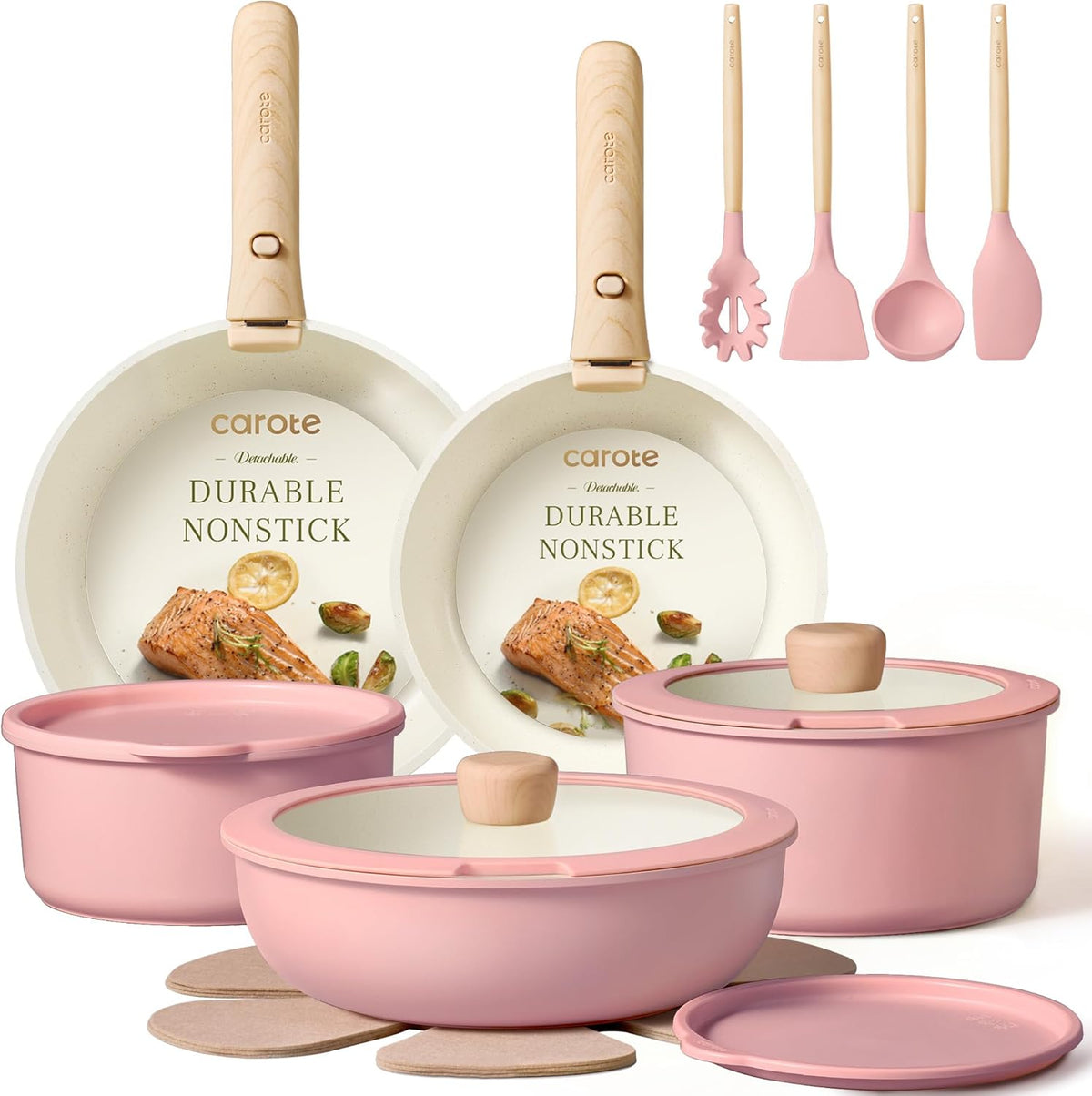 19pcs Pots and Pans Set Non Stick, Detachable Handle Cookware, Pink