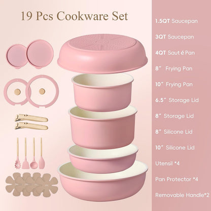 19pcs Pots and Pans Set Non Stick, Detachable Handle Cookware, Pink