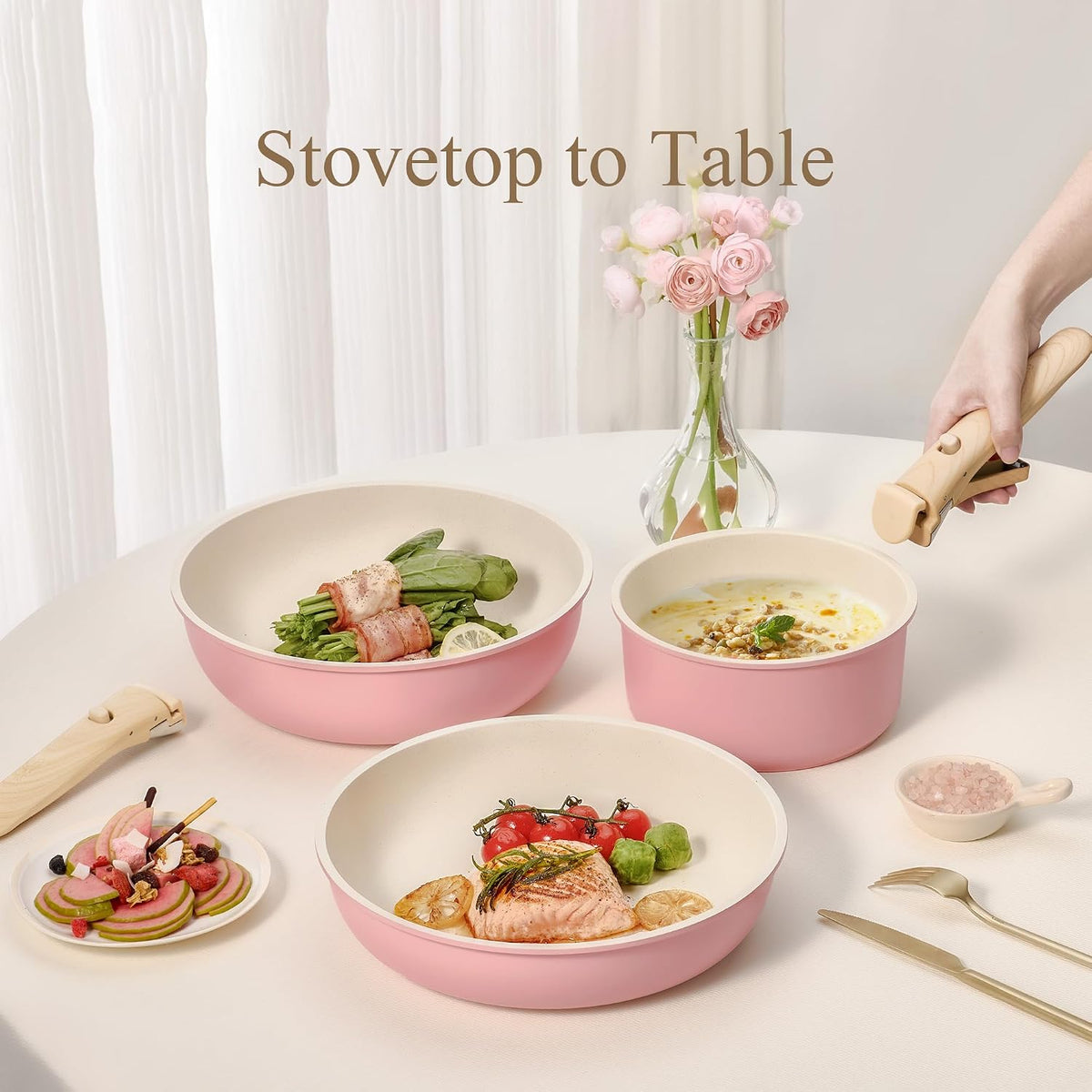 19pcs Pots and Pans Set Non Stick, Detachable Handle Cookware, Pink