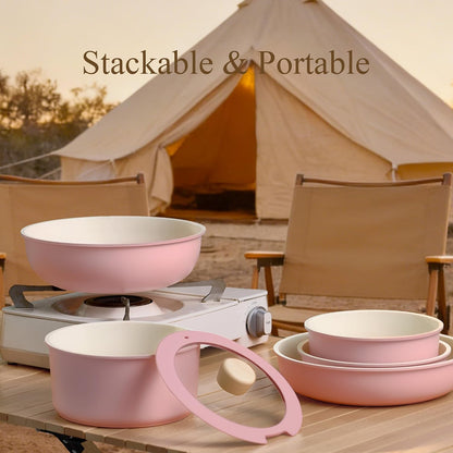19pcs Pots and Pans Set Non Stick, Detachable Handle Cookware, Pink
