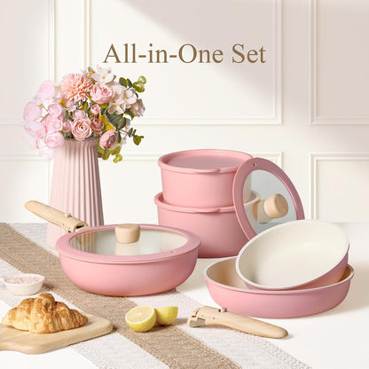 19pcs Pots and Pans Set Non Stick, Detachable Handle Cookware, Pink