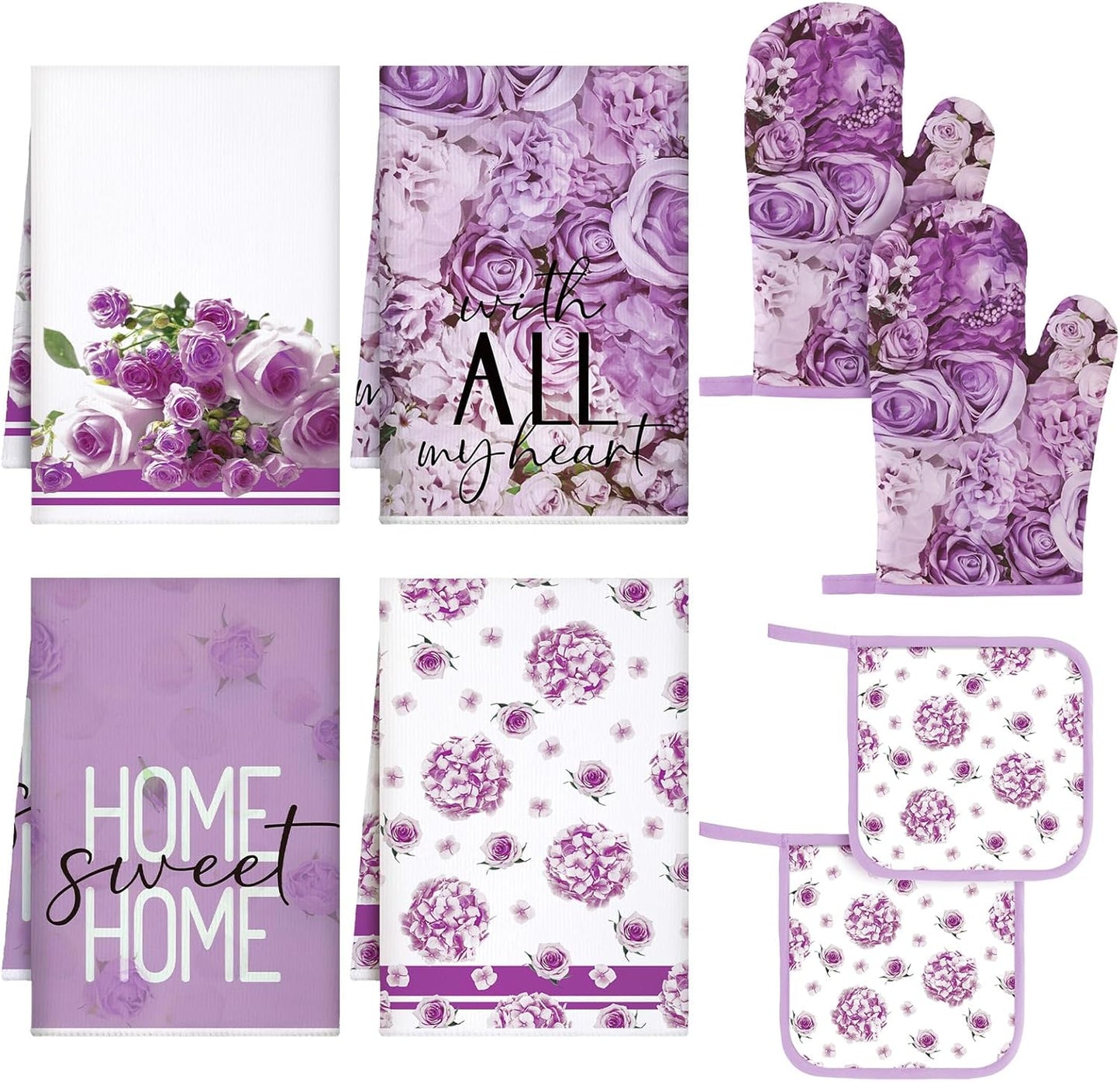 8 Pcs Purple Rose Kitchen Towels and Dishcloths Sets Pot Holders and Oven Mitts Sets Absorbent Kitchen Gloves Potholders Heat Resistant for Chef Baking Cooking