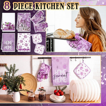 8 Pcs Purple Rose Kitchen Towels and Dishcloths Sets Pot Holders and Oven Mitts Sets Absorbent Kitchen Gloves Potholders Heat Resistant for Chef Baking Cooking