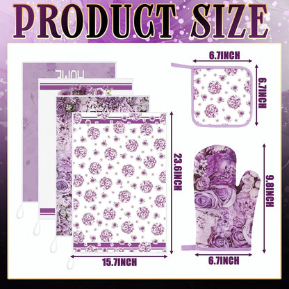 8 Pcs Purple Rose Kitchen Towels and Dishcloths Sets Pot Holders and Oven Mitts Sets Absorbent Kitchen Gloves Potholders Heat Resistant for Chef Baking Cooking