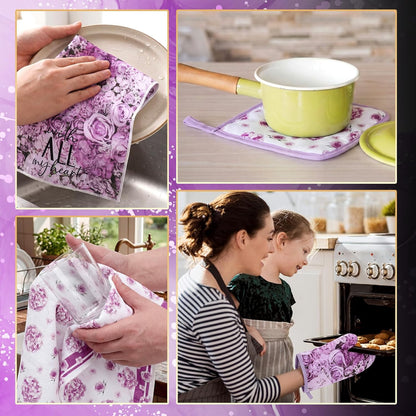 8 Pcs Purple Rose Kitchen Towels and Dishcloths Sets Pot Holders and Oven Mitts Sets Absorbent Kitchen Gloves Potholders Heat Resistant for Chef Baking Cooking