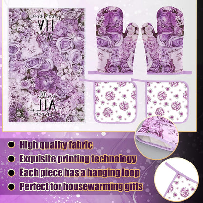 8 Pcs Purple Rose Kitchen Towels and Dishcloths Sets Pot Holders and Oven Mitts Sets Absorbent Kitchen Gloves Potholders Heat Resistant for Chef Baking Cooking