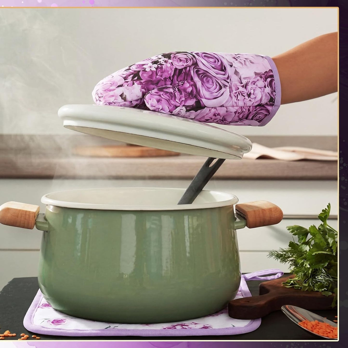8 Pcs Purple Rose Kitchen Towels and Dishcloths Sets Pot Holders and Oven Mitts Sets Absorbent Kitchen Gloves Potholders Heat Resistant for Chef Baking Cooking