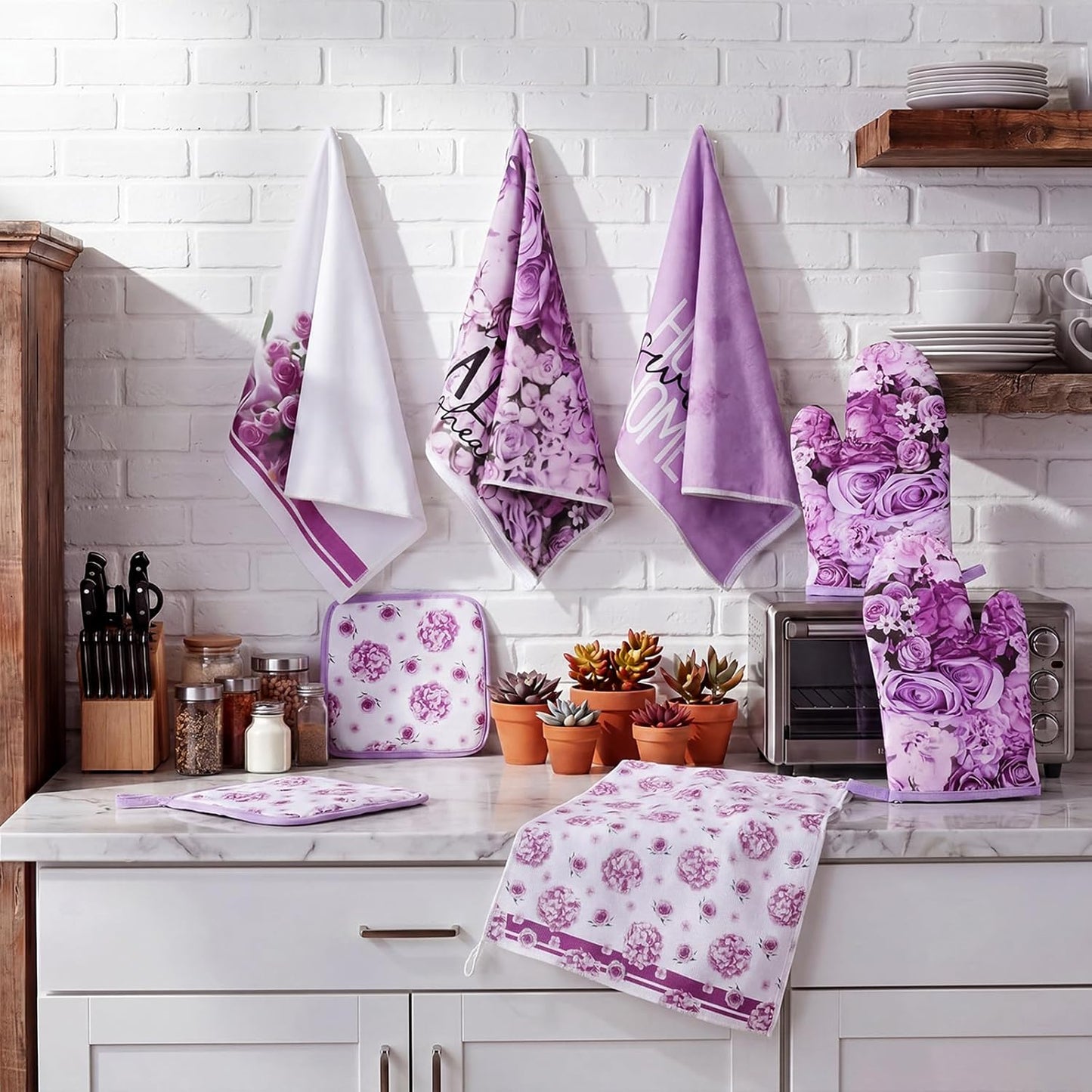 8 Pcs Purple Rose Kitchen Towels and Dishcloths Sets Pot Holders and Oven Mitts Sets Absorbent Kitchen Gloves Potholders Heat Resistant for Chef Baking Cooking