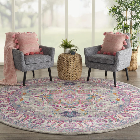 Passion Light Grey Pink 8' x Round Area Rug - Easy Clean, Non Shedding, Bed Room, Living Room, Dining Room, Kitchen (8' x Round)