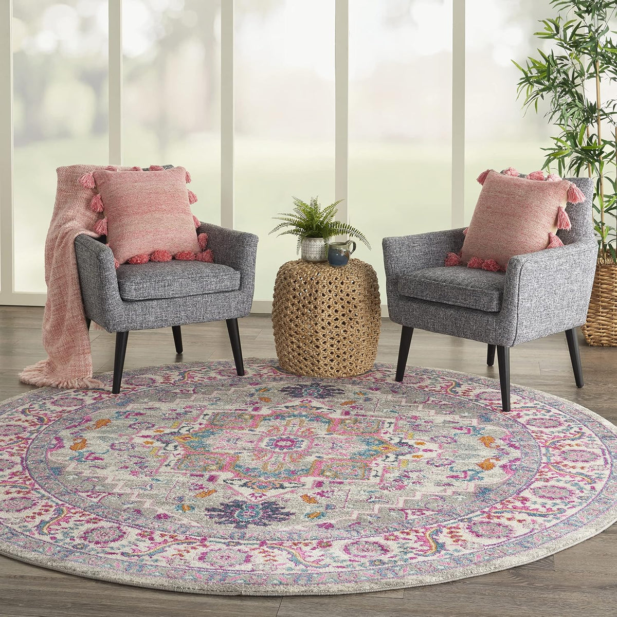 Passion Light Grey Pink 8' x Round Area Rug - Easy Clean, Non Shedding, Bed Room, Living Room, Dining Room, Kitchen (8' x Round)