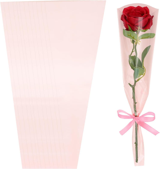 200 Pack Flower Wrapping Bag, Dark Pink Floral Packing Sleeves with Ribbons Cute for Bouquets Wedding Birthday Graduation Anniversary Arrangement Gift, 17.7"x4.7"x1.2"