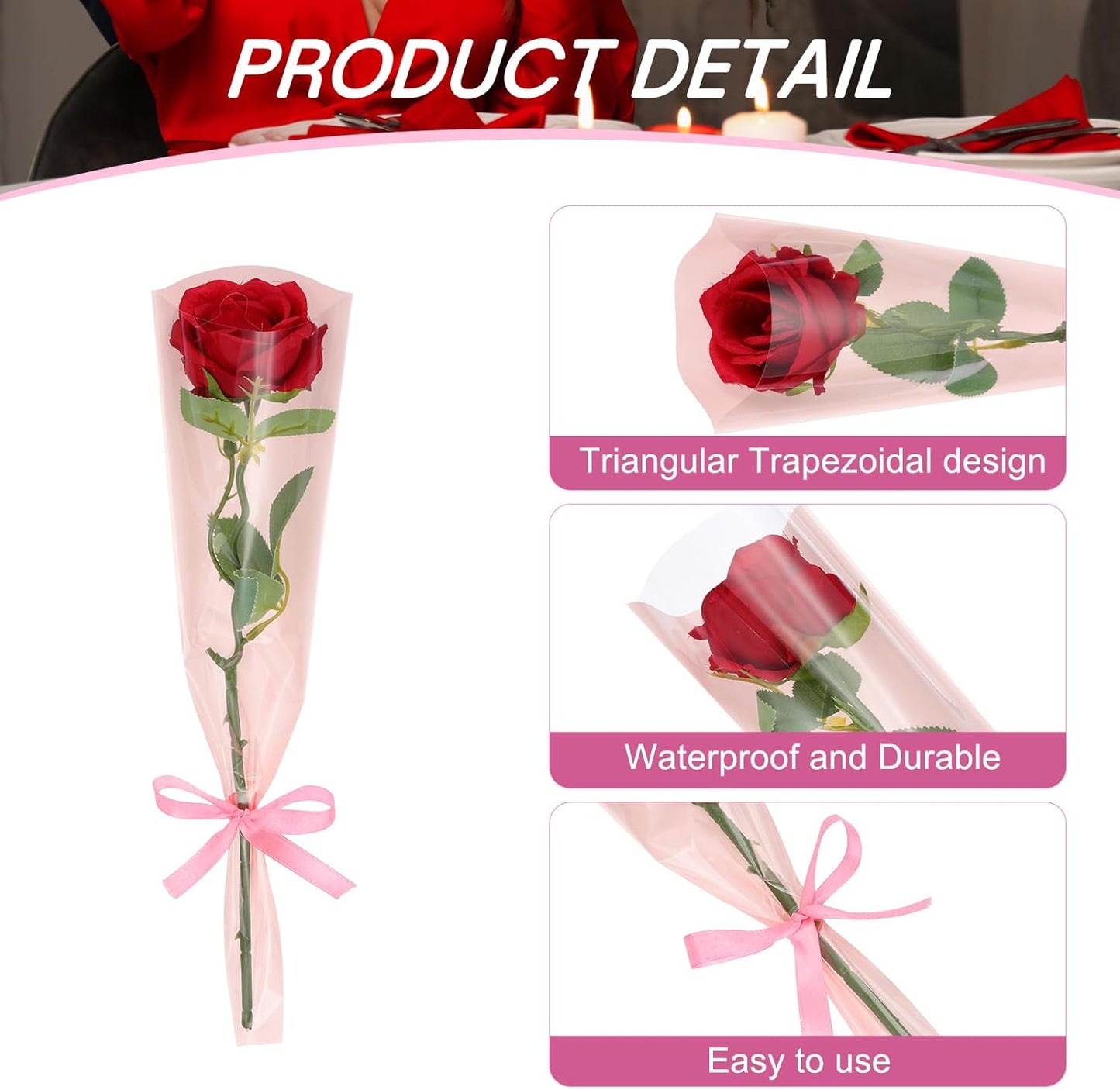 200 Pack Flower Wrapping Bag, Dark Pink Floral Packing Sleeves with Ribbons Cute for Bouquets Wedding Birthday Graduation Anniversary Arrangement Gift, 17.7"x4.7"x1.2"