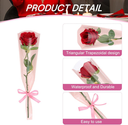 200 Pack Flower Wrapping Bag, Dark Pink Floral Packing Sleeves with Ribbons Cute for Bouquets Wedding Birthday Graduation Anniversary Arrangement Gift, 17.7"x4.7"x1.2"