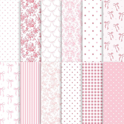 24 Sheets Preppy Pink Bow Scrapbook Paper, Coquette Bow Ribbon and Floral Decorative Craft Paper Folded Flat for Birthday Wedding Baby Shower Card Making Photo Album Decor, 12'' x 12''