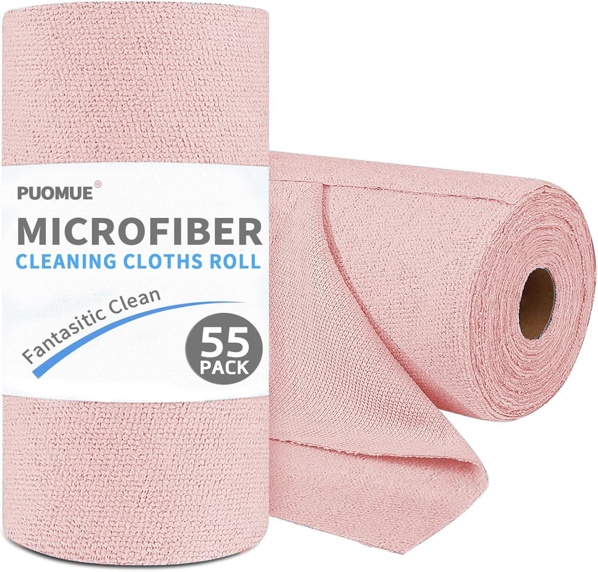 55 Pack Microfiber Cleaning Cloth Roll, Tear Away Reusable Paper Towels, 11" x 9", Ultra Absorbent & Lint Free Microfiber Cloth for Cleaning Cars, Kitchen, Window, Home and Shop, Pink