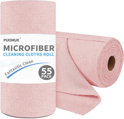 55 Pack Microfiber Cleaning Cloth Roll, Tear Away Reusable Paper Towels, 11" x 9", Ultra Absorbent & Lint Free Microfiber Cloth for Cleaning Cars, Kitchen, Window, Home and Shop, Pink