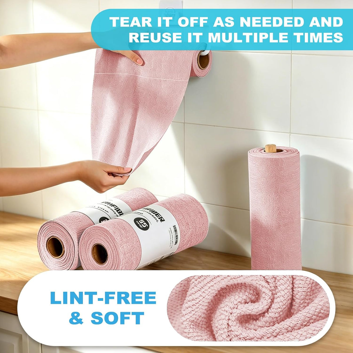 55 Pack Microfiber Cleaning Cloth Roll, Tear Away Reusable Paper Towels, 11" x 9", Ultra Absorbent & Lint Free Microfiber Cloth for Cleaning Cars, Kitchen, Window, Home and Shop, Pink