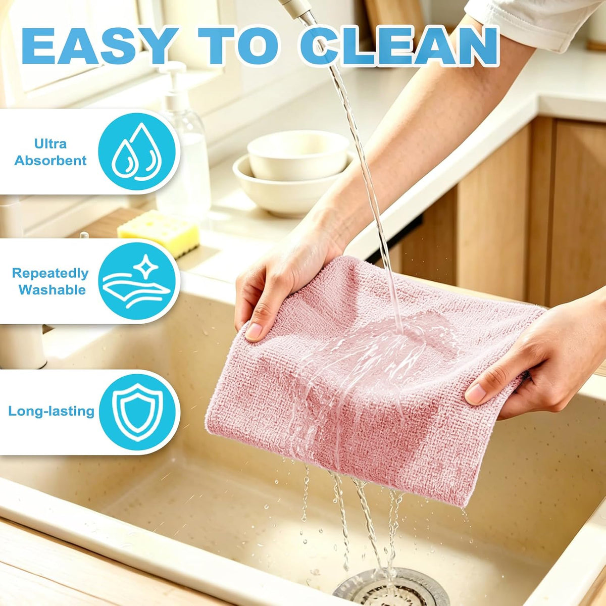 55 Pack Microfiber Cleaning Cloth Roll, Tear Away Reusable Paper Towels, 11" x 9", Ultra Absorbent & Lint Free Microfiber Cloth for Cleaning Cars, Kitchen, Window, Home and Shop, Pink