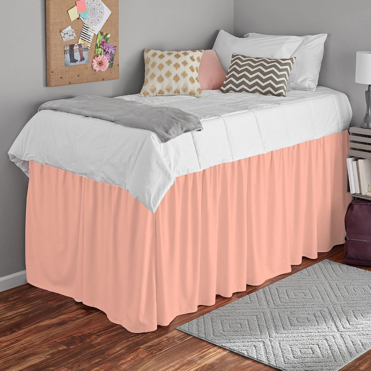 Dorm Bed Skirt Extra Long College Dorm Bedding Skirt, Microfiber Dust Ruffled Bed Skirt - Twin XL Size 25 Inches Drop - Peach