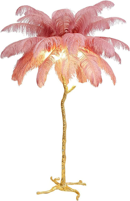 Natural Ostrich Feather Floor Lamp, Modern LED Dimmable Standing Lamp, Romantic Princess Bedroom Reading Tall Corner Lamp for Living Room, Dining Room and Office (120cm, Pink)