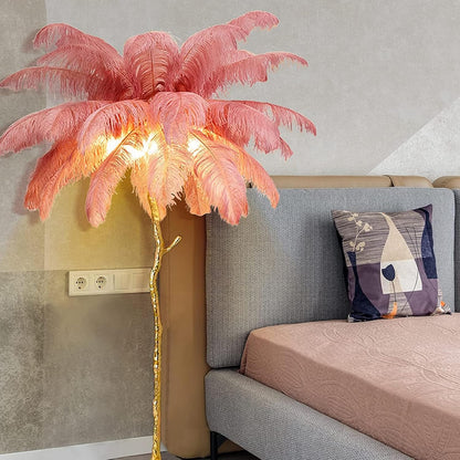 Natural Ostrich Feather Floor Lamp, Modern LED Dimmable Standing Lamp, Romantic Princess Bedroom Reading Tall Corner Lamp for Living Room, Dining Room and Office (120cm, Pink)
