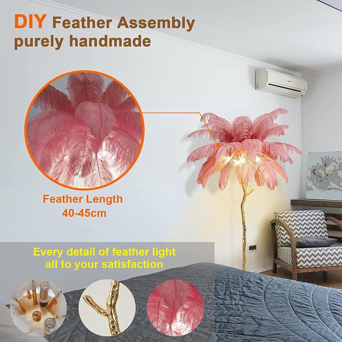 Natural Ostrich Feather Floor Lamp, Modern LED Dimmable Standing Lamp, Romantic Princess Bedroom Reading Tall Corner Lamp for Living Room, Dining Room and Office (120cm, Pink)