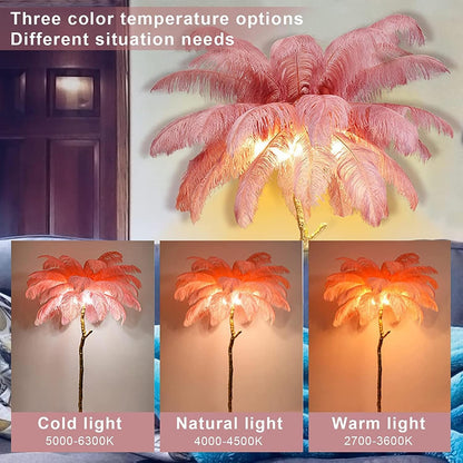 Natural Ostrich Feather Floor Lamp, Modern LED Dimmable Standing Lamp, Romantic Princess Bedroom Reading Tall Corner Lamp for Living Room, Dining Room and Office (120cm, Pink)