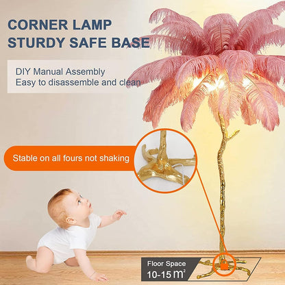 Natural Ostrich Feather Floor Lamp, Modern LED Dimmable Standing Lamp, Romantic Princess Bedroom Reading Tall Corner Lamp for Living Room, Dining Room and Office (120cm, Pink)