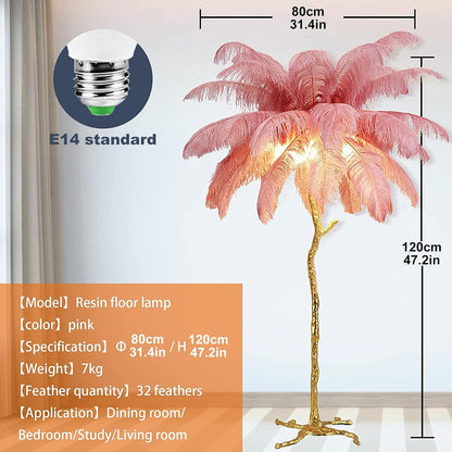 Natural Ostrich Feather Floor Lamp, Modern LED Dimmable Standing Lamp, Romantic Princess Bedroom Reading Tall Corner Lamp for Living Room, Dining Room and Office (120cm, Pink)