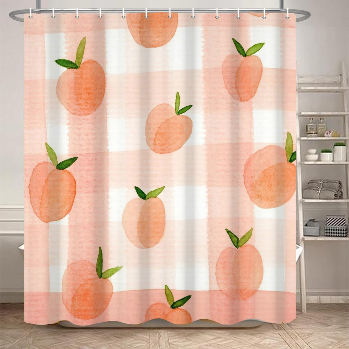 Pink Peach Shower Curtain for Girly Bathroom Dreamy Sweet Check Fruits Shower Curtain with Hooks Polyester Waterproof Fabric Home Bathtub Shower Curtain Decorative, 65x72 Inch