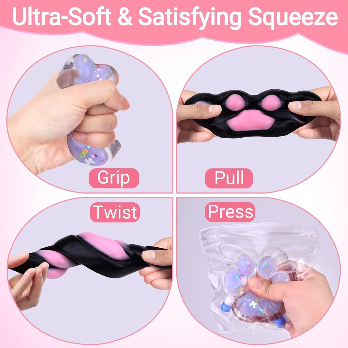 Taba Squishy Toy (4 Pack), Squishies Squeeze Fidget Toys, Party Favors for Kids 8-12, Cute Soft Sticky Sensory Toy, Gifts for Girls 4-8, Autism Stress Relief Toys (Paw Fruit)