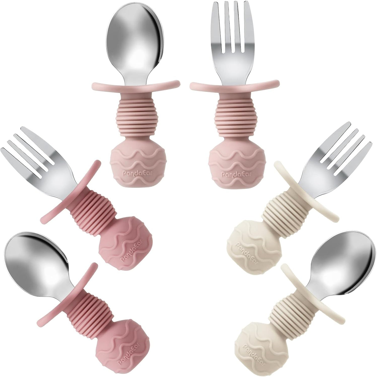 6 Pack Stainless Steel Toddler Spoons and Fork Feeding Set - Anti-Choke First Self Feeding Utensils for Kids Baby Girls Led Weaning Ages 18 Months+ (Pink/Beige)