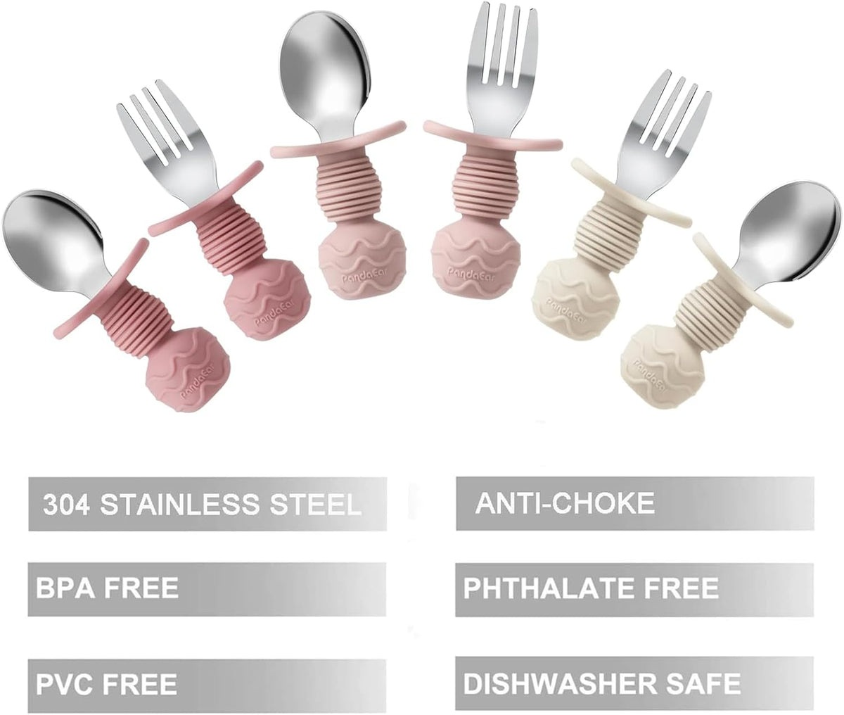 6 Pack Stainless Steel Toddler Spoons and Fork Feeding Set - Anti-Choke First Self Feeding Utensils for Kids Baby Girls Led Weaning Ages 18 Months+ (Pink/Beige)