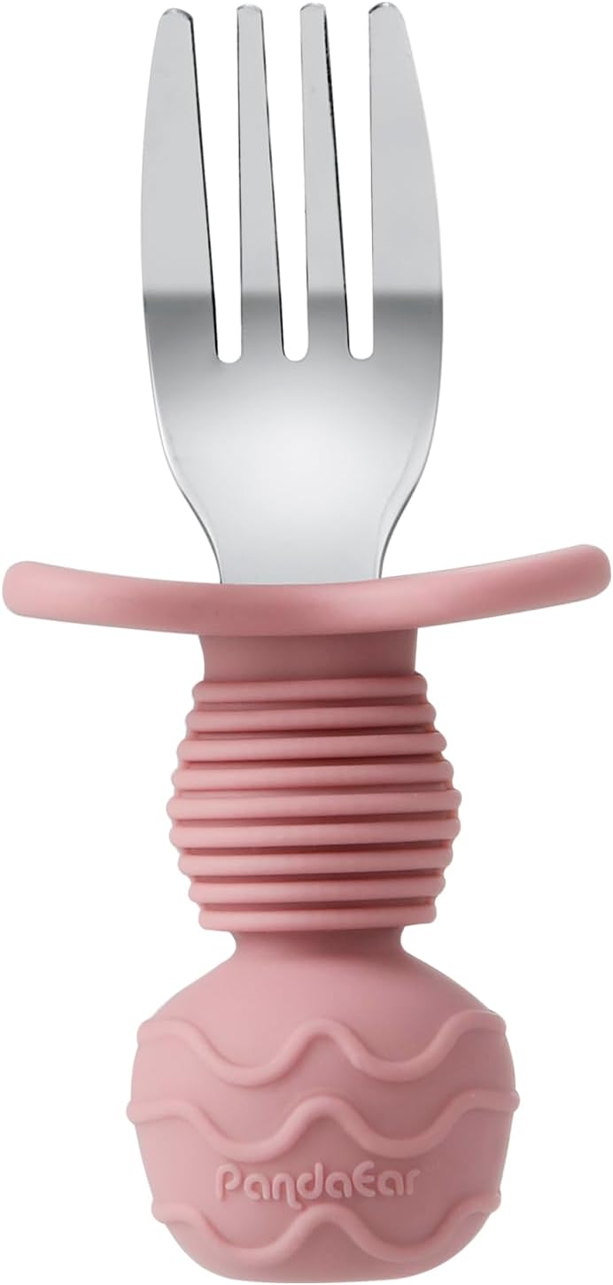 6 Pack Stainless Steel Toddler Spoons and Fork Feeding Set - Anti-Choke First Self Feeding Utensils for Kids Baby Girls Led Weaning Ages 18 Months+ (Pink/Beige)