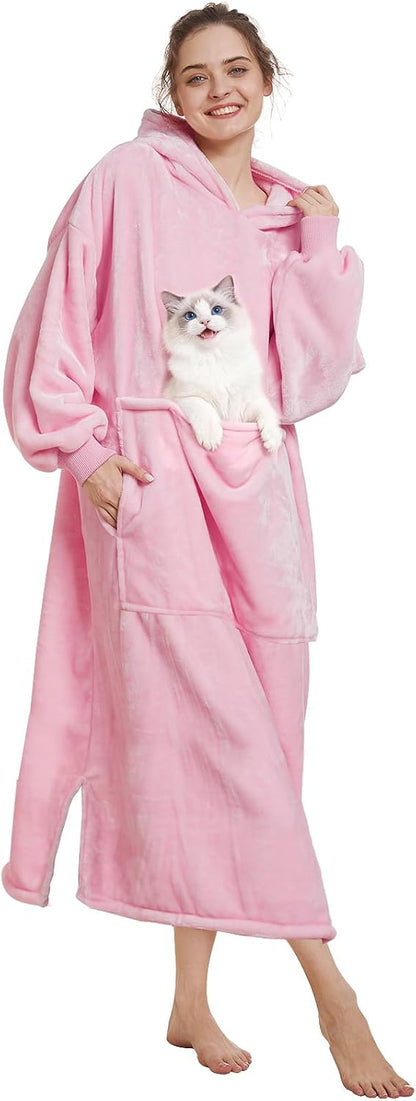 Long Wearable Blanket Hoodie - Light Pink, Pet Friendly Oversized Hooded Blanket with Giant Pocket for Cats & Dogs, Cozy Fleece Gift for Women, Mom, Wife,Girlfriend