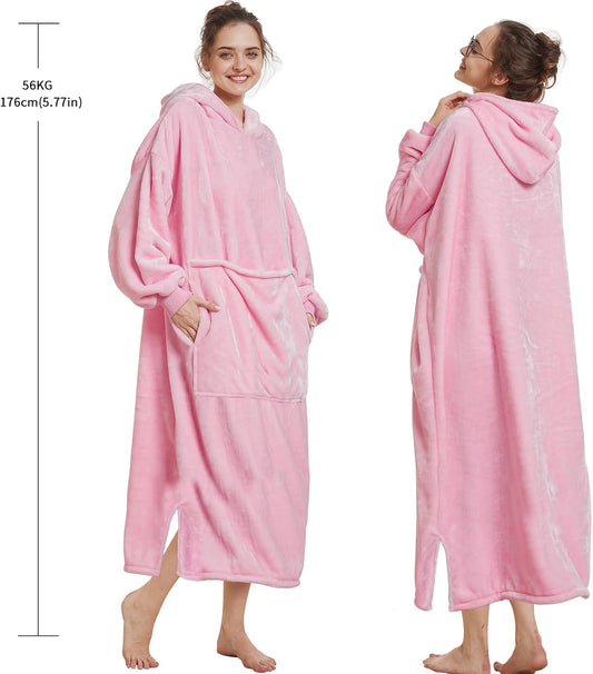 Long Wearable Blanket Hoodie - Light Pink, Pet Friendly Oversized Hooded Blanket with Giant Pocket for Cats & Dogs, Cozy Fleece Gift for Women, Mom, Wife,Girlfriend