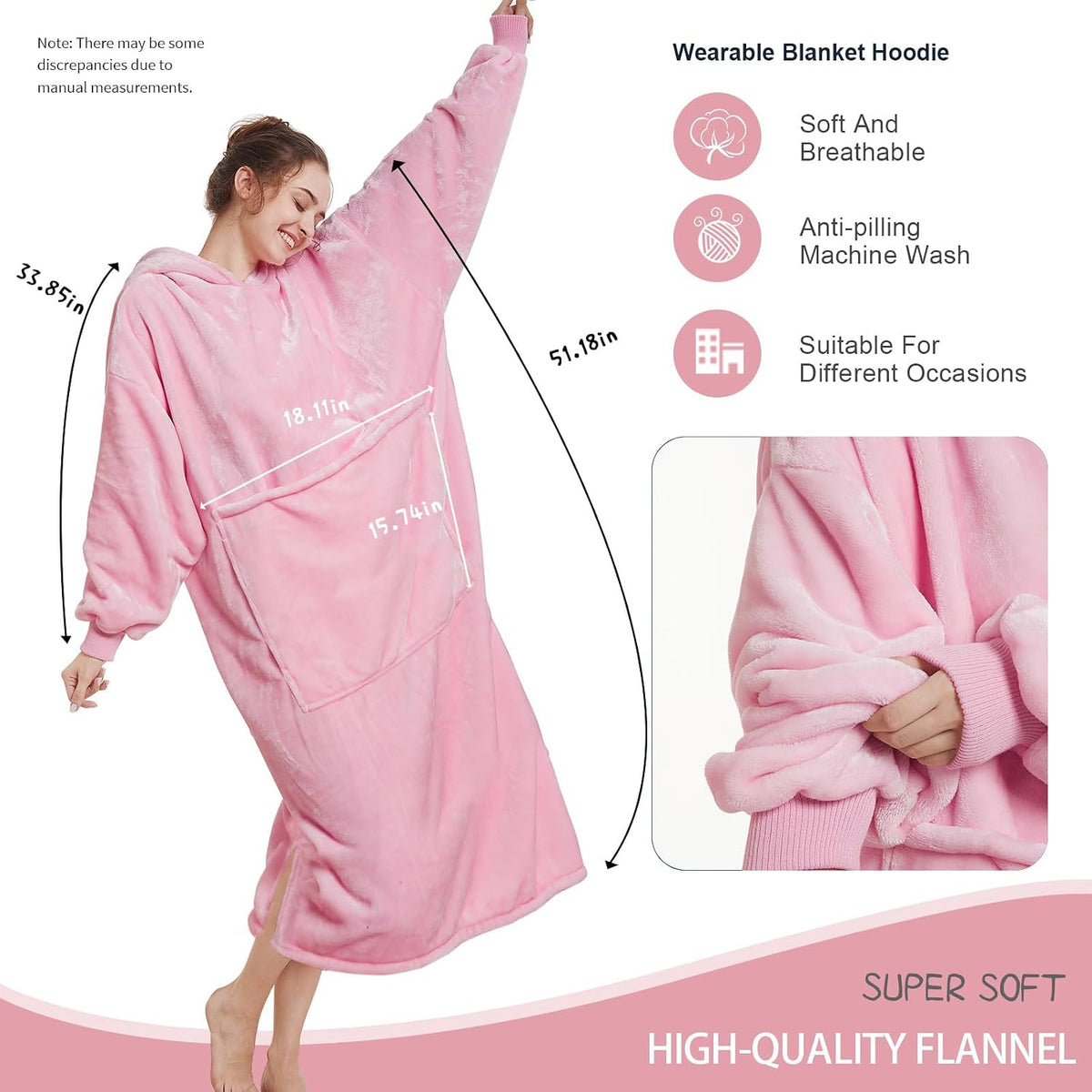 Long Wearable Blanket Hoodie - Light Pink, Pet Friendly Oversized Hooded Blanket with Giant Pocket for Cats & Dogs, Cozy Fleece Gift for Women, Mom, Wife,Girlfriend