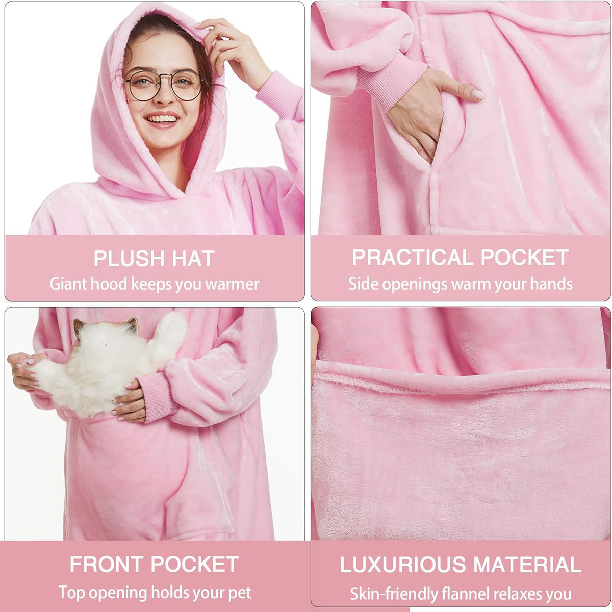 Long Wearable Blanket Hoodie - Light Pink, Pet Friendly Oversized Hooded Blanket with Giant Pocket for Cats & Dogs, Cozy Fleece Gift for Women, Mom, Wife,Girlfriend