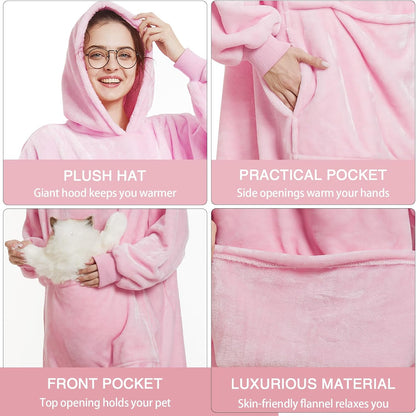 Long Wearable Blanket Hoodie - Light Pink, Pet Friendly Oversized Hooded Blanket with Giant Pocket for Cats & Dogs, Cozy Fleece Gift for Women, Mom, Wife,Girlfriend