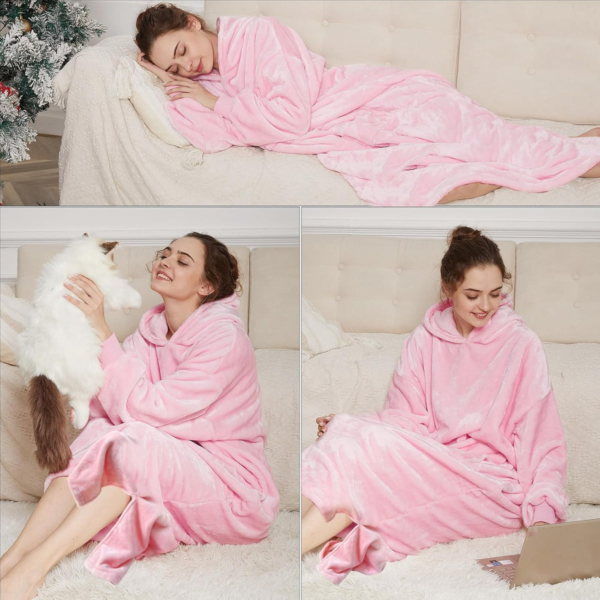 Long Wearable Blanket Hoodie - Light Pink, Pet Friendly Oversized Hooded Blanket with Giant Pocket for Cats & Dogs, Cozy Fleece Gift for Women, Mom, Wife,Girlfriend