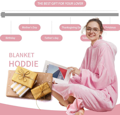 Long Wearable Blanket Hoodie - Light Pink, Pet Friendly Oversized Hooded Blanket with Giant Pocket for Cats & Dogs, Cozy Fleece Gift for Women, Mom, Wife,Girlfriend